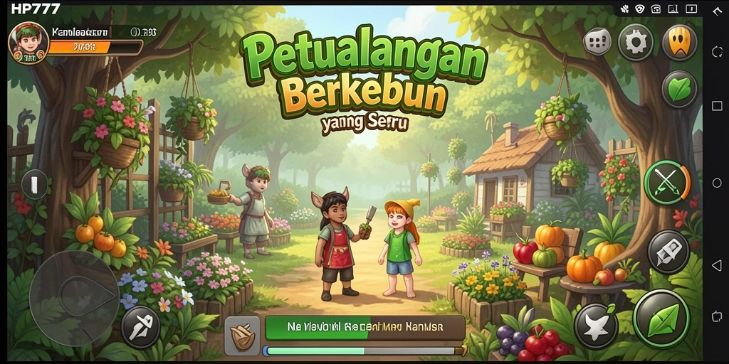 Tangkapan layar gameplay HP777 dengan aktivitas berkebun yang interaktif.