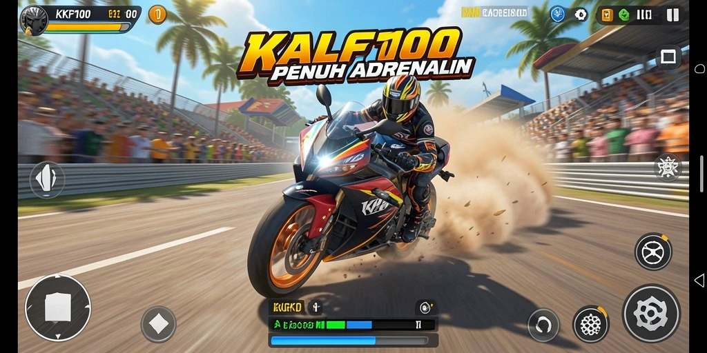 Screenshot KPK100 menampilkan aksi balapan motor yang seru.