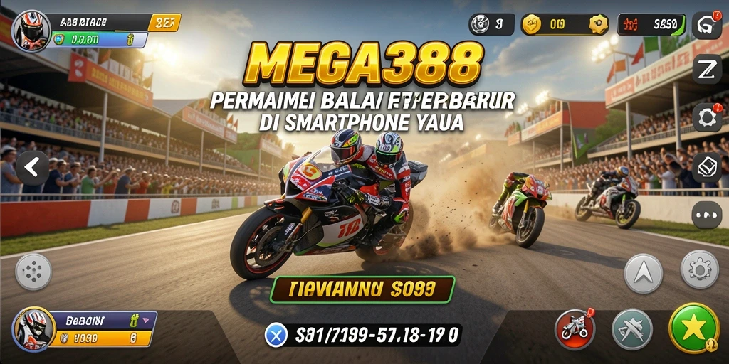Tangkapan layar utama MEGA388 menampilkan aksi balapan seru dan grafis yang mengesankan.
