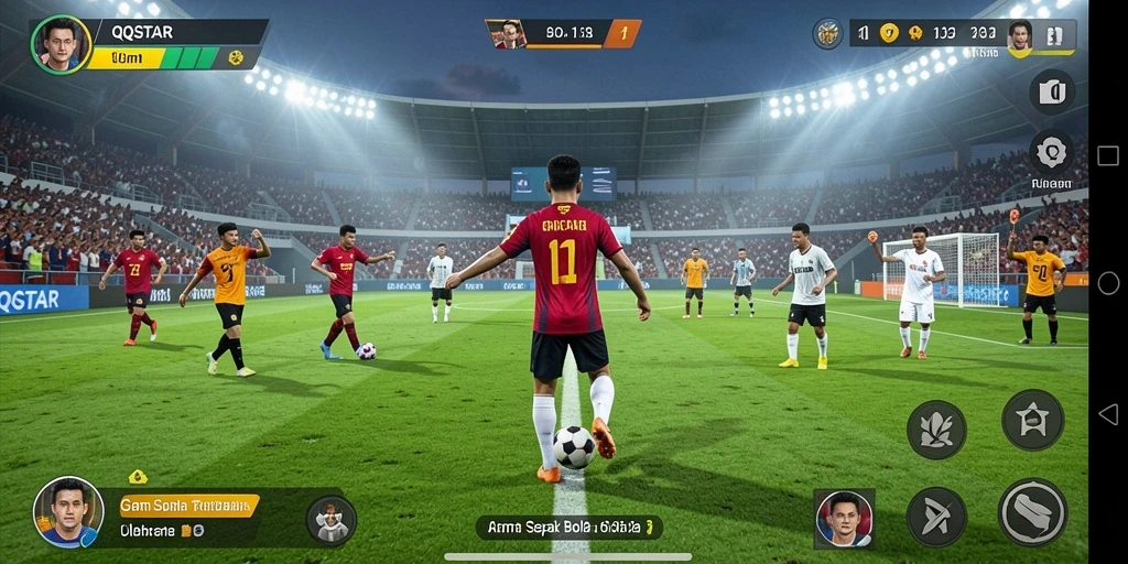 Screenshot gameplay QQSTAR menampilkan aksi pemain di lapangan sepak bola.