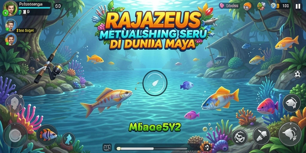 Screenshot utama gameplay RAJAZEUS menampilkan aksi memancing yang seru.