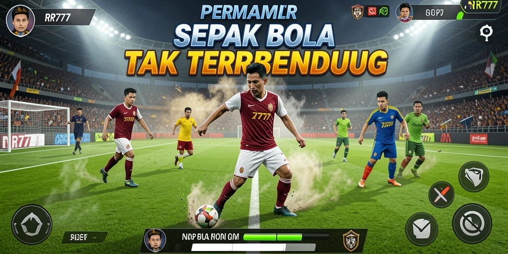 Screenshot gameplay RR777 menunjukkan aksi mendebarkan dalam permainan sepak bola.